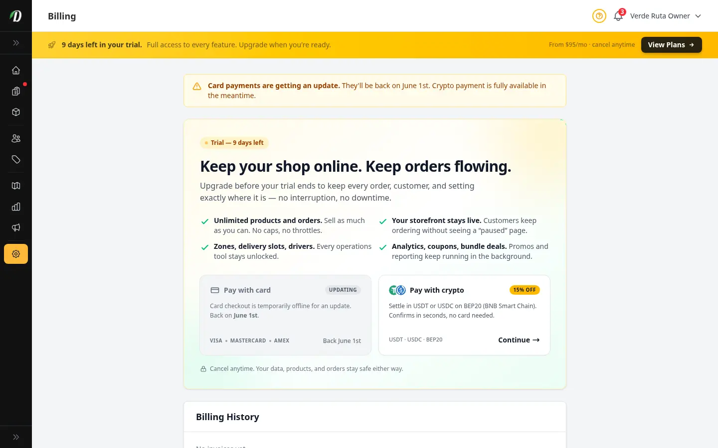 DabDash trial dashboard — no card required