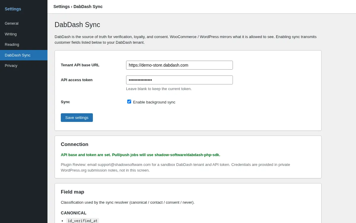 DabDash Sync settings screen in WordPress showing the tenant API base URL, access token, background sync toggle, and field-map diagnostics.